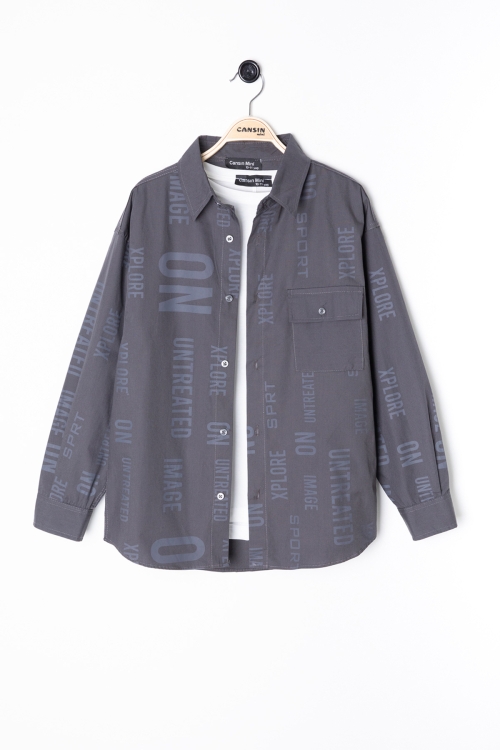 Füme Yazı Baskılı Gömlek Beyaz Tişörtlü Erkek Çocuk 2li Takım 20137