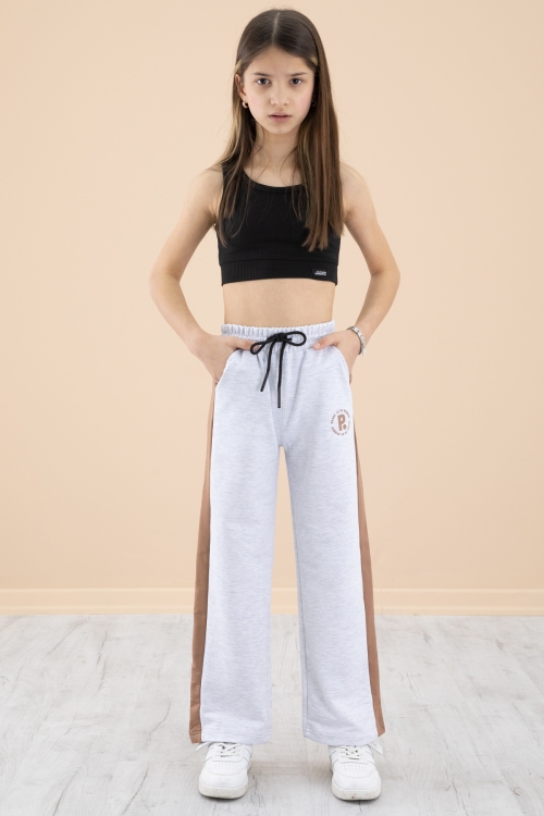Gri Garnili Geniş Paça Kız Çocuk Beli Lastikli Eşofman Altı 20195