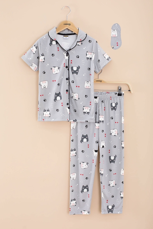 Gri Kedi Baskılı Kısa Kollu Böz Bantlı Kız Çocuk Pijama Takımı 20566