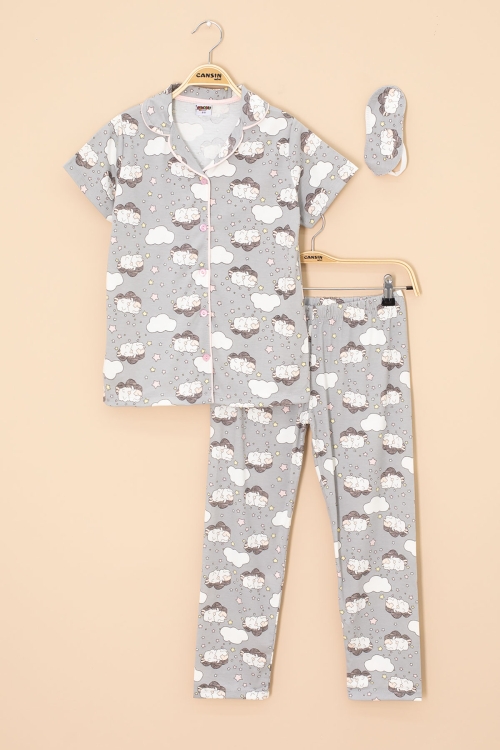 Gri Kuzu Desenli Kısa Kollu Kız Çocuk Göz Bantlı Pijama Takımı 20594