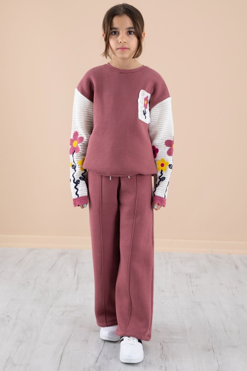 Gül Kurusu Çiçek Nakışlı Örgülü Kol Kız Çocuk Şardonlu Eşofman Takımı 20253