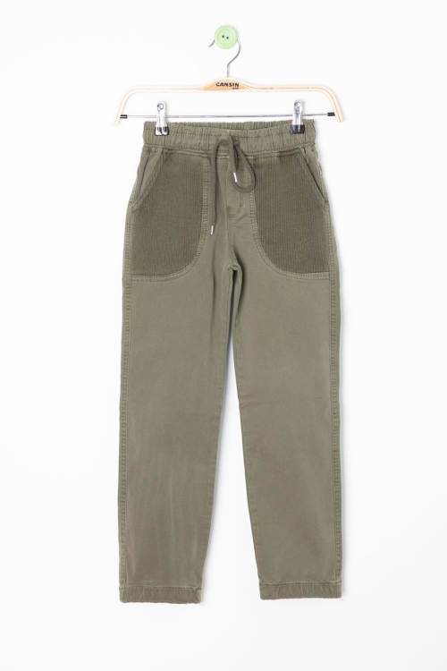 Haki Cebi Dokuma Detaylı Beli Lastikli Erkek Çocuk Keten Pantolon 20414