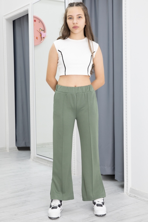 Haki Geniş Paça Yırtmaçlı Kız Çocuk Pantolon 20288