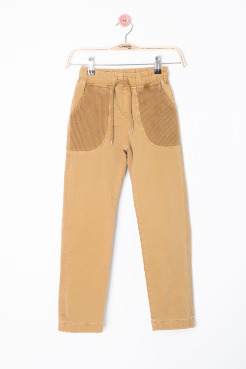 Hardal Cebi Dokuma Detaylı Beli Lastikli Erkek Çocuk Keten Pantolon 20416