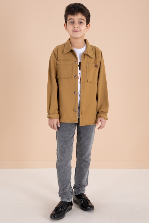 Hardal Düğmeli Gömlekli Jean Pantolonlu Erkek Çocuk 3lü Takım 19972