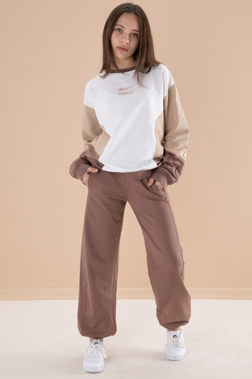 Kahve Angels Yazılı Bisiklet Yaka Kız Çocuk Eşofman Takımı 19975