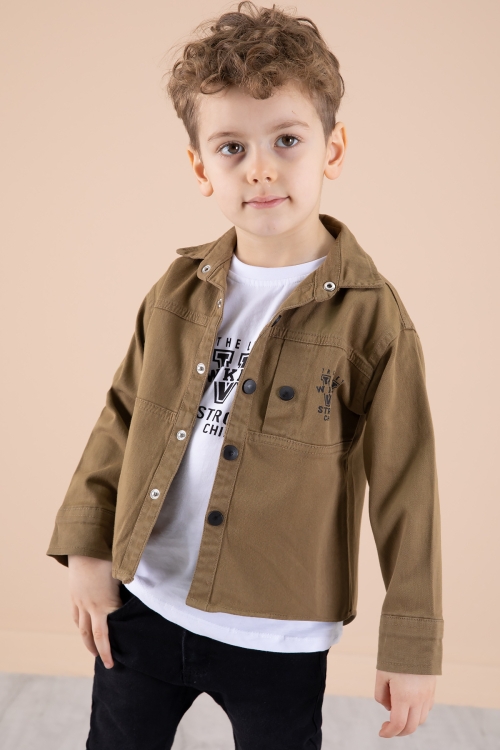 Kahve Bisiklet Yaka Tişörtlü Keten Erkek Çocuk Gömlek 20075