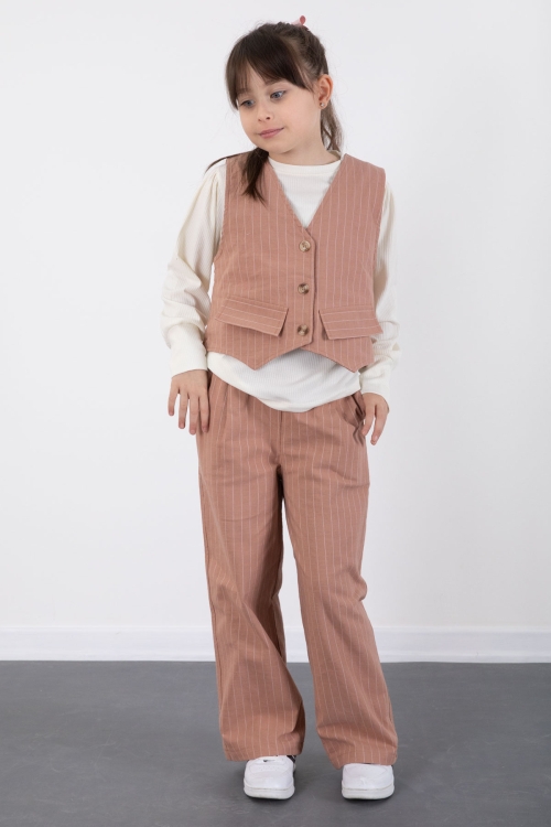 Kahve Çizgi Desenli Yelekli Geniş Paça Pantolonlu Kız Çocuk Badili 3lü Takım 20492