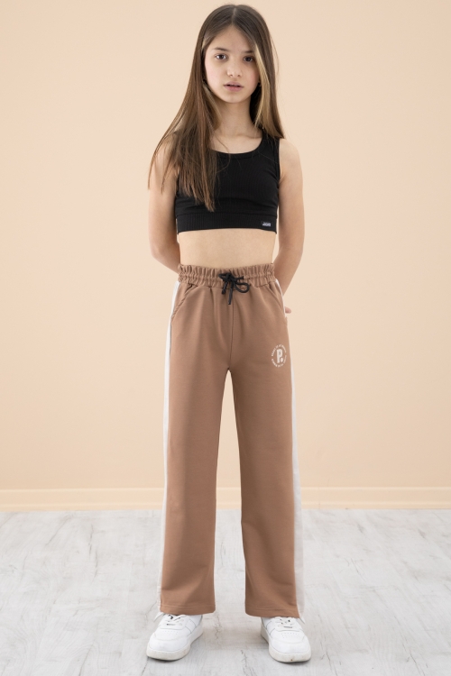 Kahve Garnili Geniş Paça Kız Çocuk Beli Lastikli Eşofman Altı 20196