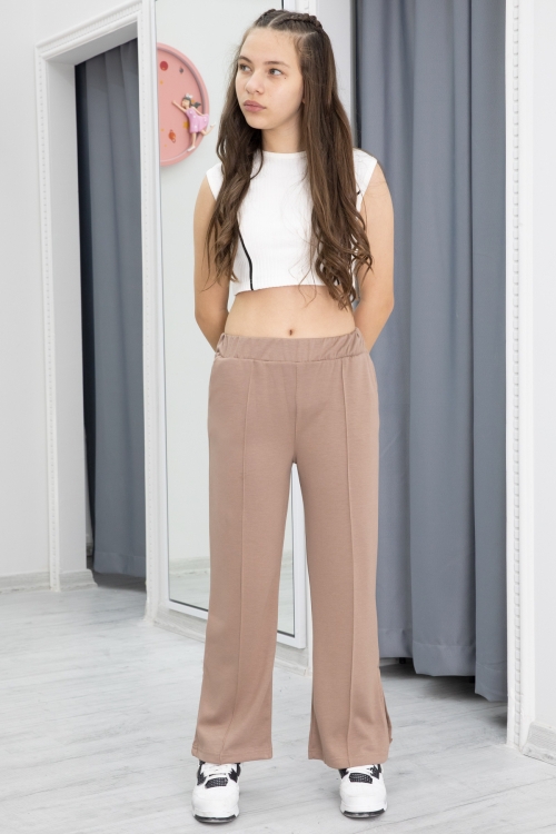 Kahve Geniş Paça Yırtmaçlı Kız Çocuk Pantolon 20285