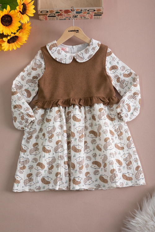 Kahve Kirpi Desenli Süveterli Kız Çocuk Elbise 20221