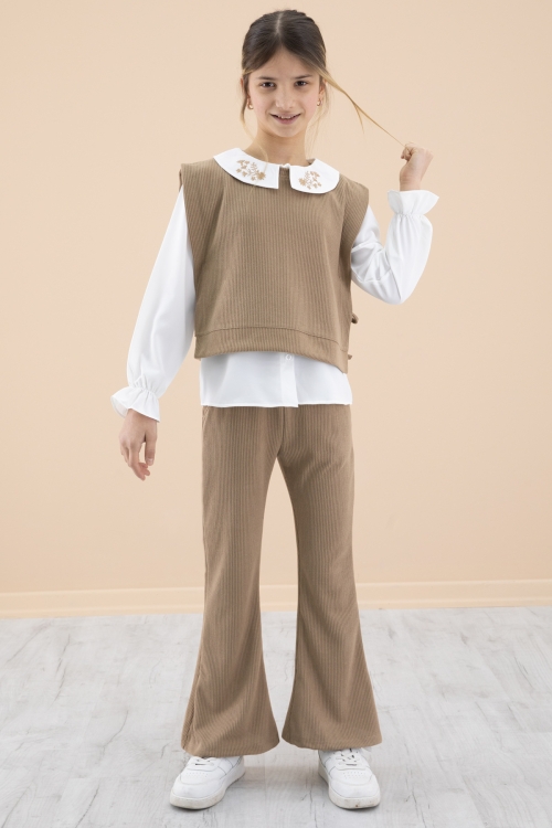 Kahve Yakası Nakışlı Gömlekli Süveterli Kız Çocuk 3lü Takım 20267