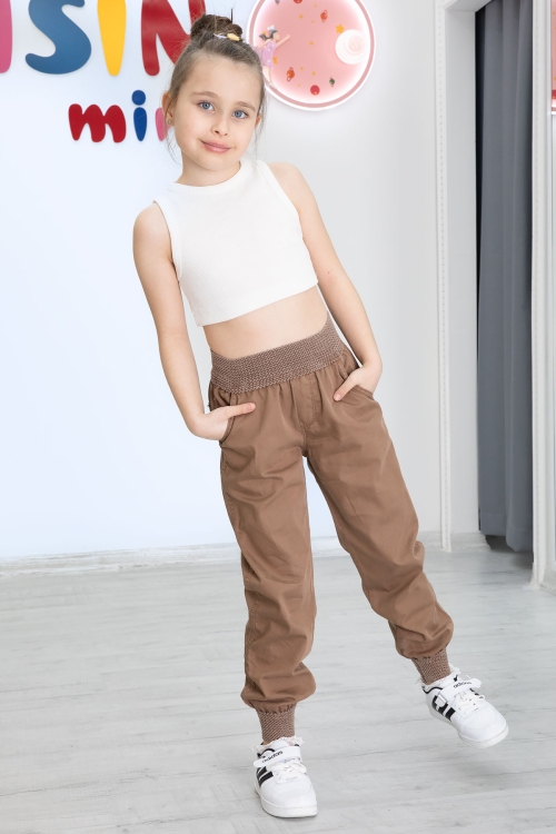 Kahverengi Bel ve Paçası Ribanalı Kız Çocuk Pantolon 20476