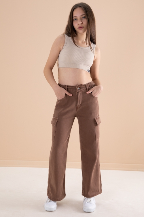 Kahverengi Geniş Paça Beli Bağcıklı Kız Çocuk Kargo Cepli Jean Pantolon 20135