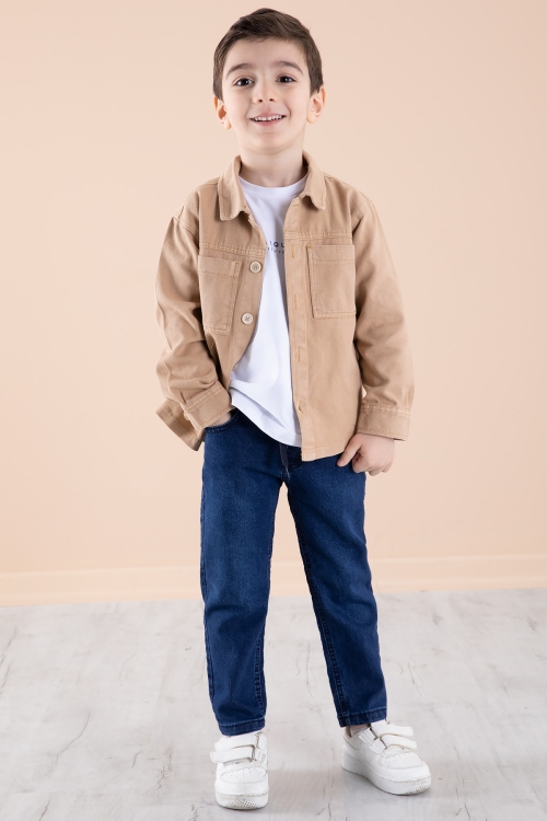 Kahverengi Jean Ceket Yazı Baskılı Erkek Çocuk Pantolonlu 3lü Takım 20313