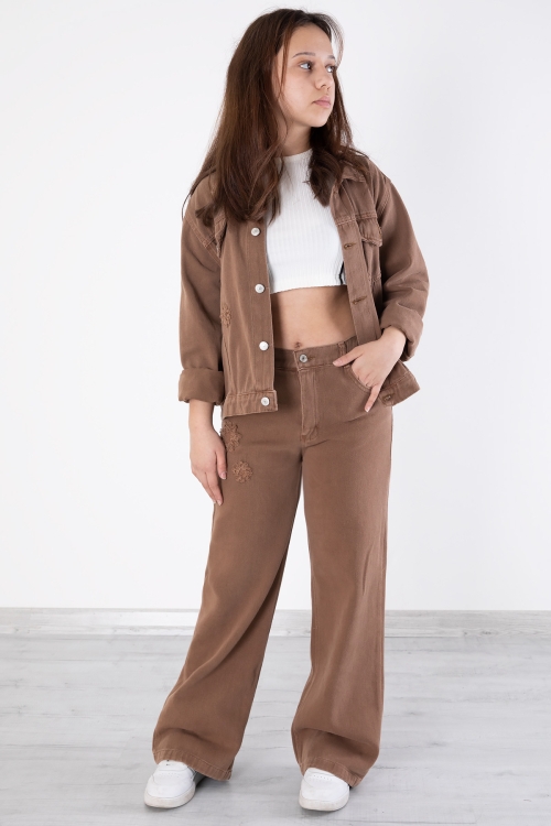 Kahverengi Nakış Detaylı Jean Pantolonlu ve Ceketli Kız Çocuk Takım 20364