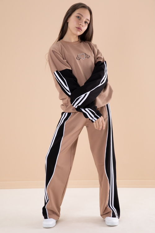 Kahverengi Yanları Çizgili Kız Çocuk 2li Takım 20104