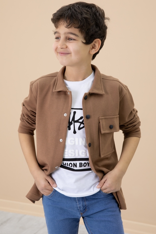 Kahverengi Yazı Baskılı Tişörtlü Gömlekli Erkek Çocuk Takım 20006