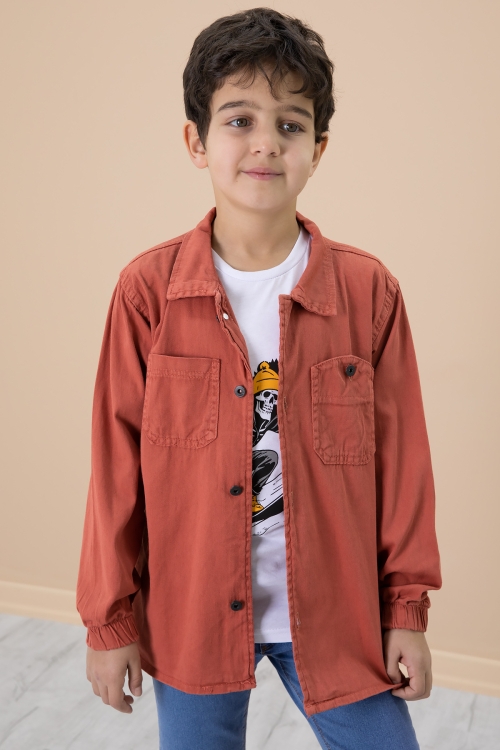 Kiremit Gömlek ve Baskılı Tişörtlü Erkek Çocuk 2li Takım 19988