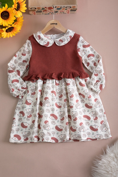 Kiremit Kirpi Desenli Süveterli Kız Çocuk Elbise 20224