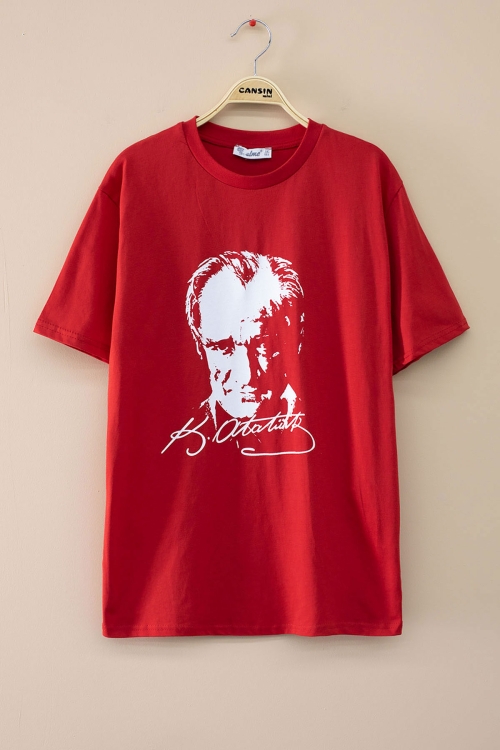 Kırmızı Atatürk Baskılı Bisiklet Yaka Çocuk T-shirt Unisex 20556