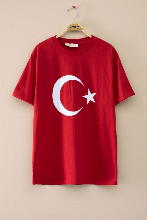 Kırmızı Türk Bayrağı Baskılı Bisiklet Yaka Çocuk T-shirt 20552