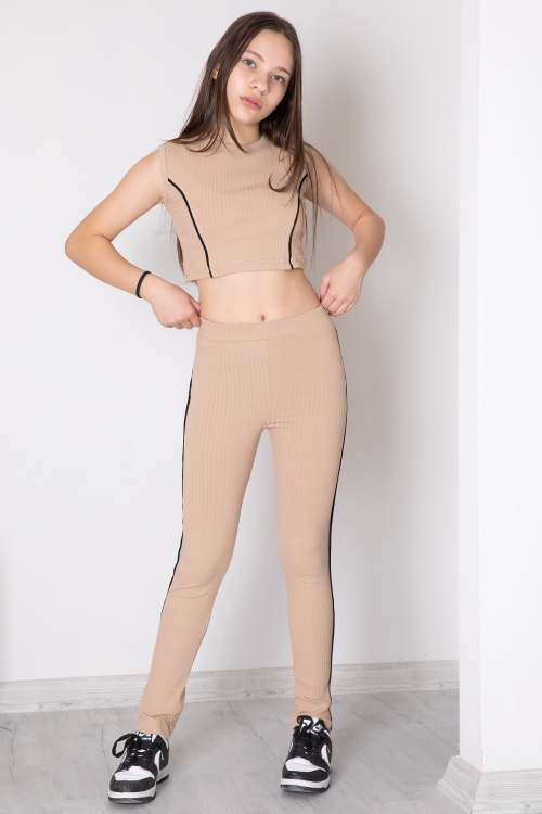 Koyu Bej Kız Çocuk Tatylı Croplu 2li Takım 20246