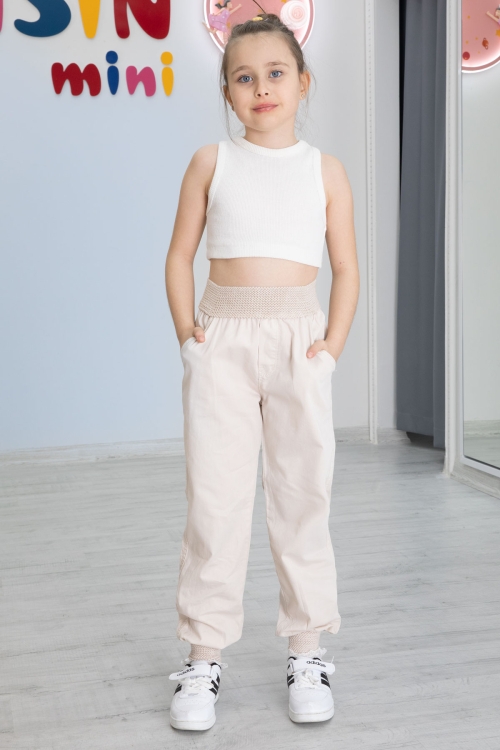 Krem Bel ve Paçası Ribanalı Kız Çocuk Pantolon 20477