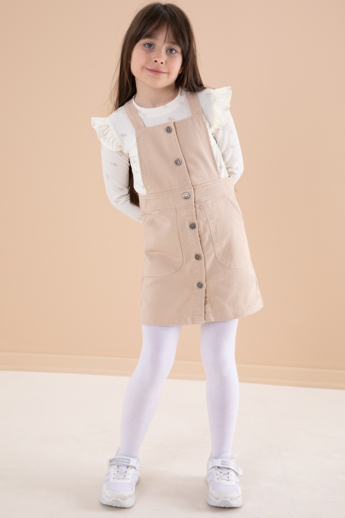 Krem Çiçek Desenli Badili 2li Kız Çocuk Salopet Takım 20183