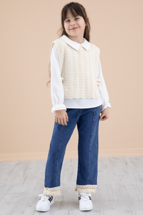 Krem Dantel Süveterli Jean Pantolonlu Kız Çocuk 3lü Takım 20354