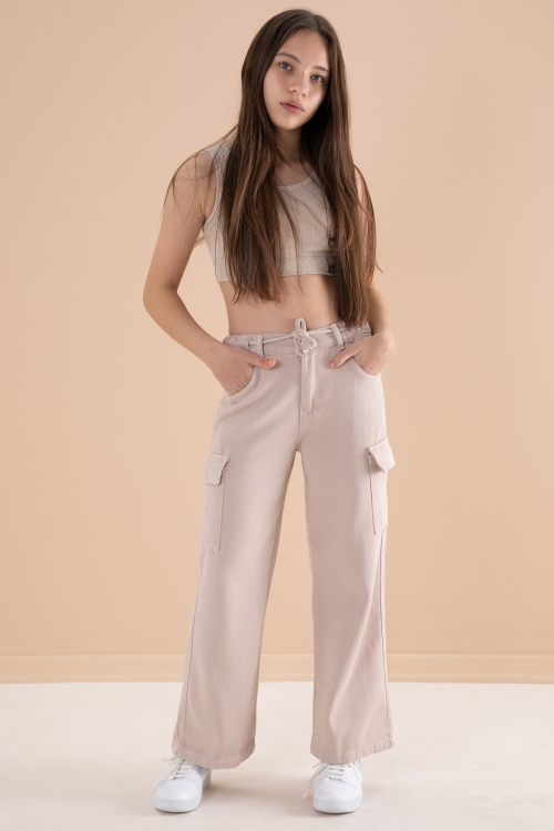 Krem Geniş Paça Beli Bağcıklı Kız Çocuk Kargo Cepli Jean Pantolon 20133