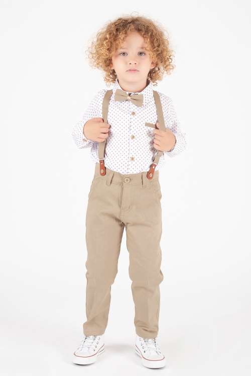 Krem Papyonlu Askılı Desenli Gömlekli Erkek Çocuk Pantolonlu Takım 20547