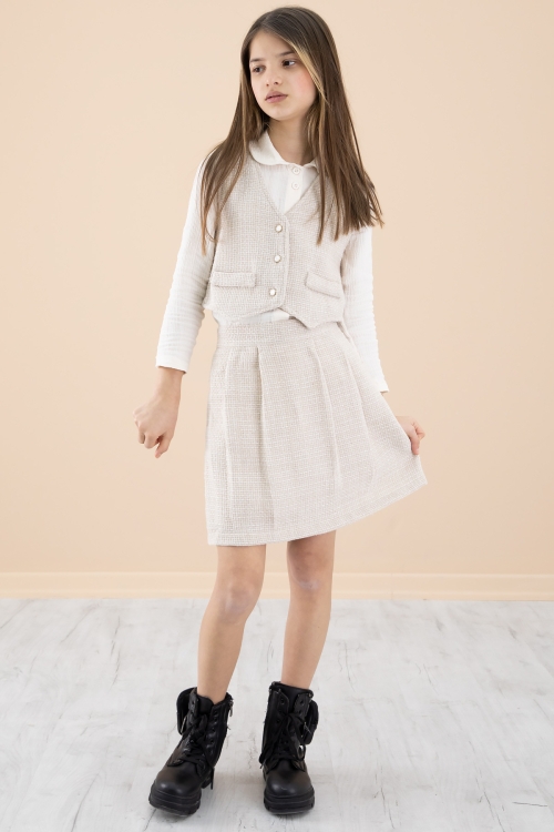 Krem Simli Yelekli Etekli Kız Çocuk Gömlekli 3lü Takım 20235