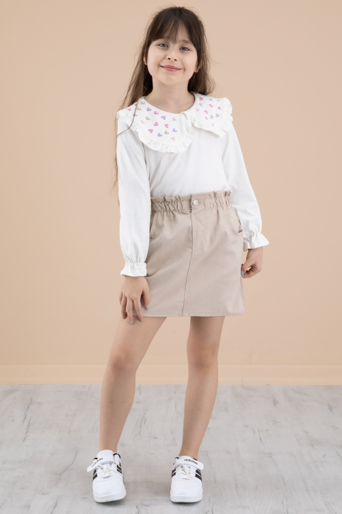 Krem Yakası Kalp Nakışlı Badili Jean Etekli Kız Çocuk Takım 20334