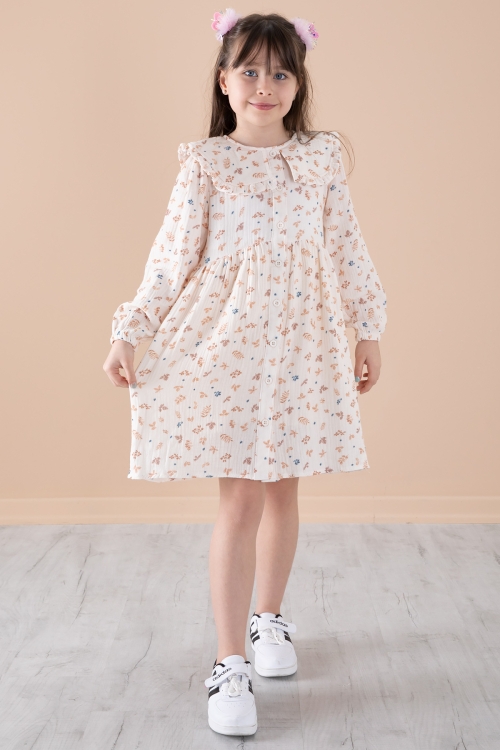 Krem Yaprak Desenli Düğmeli Müslin Kız Çocuk Elbise 20307