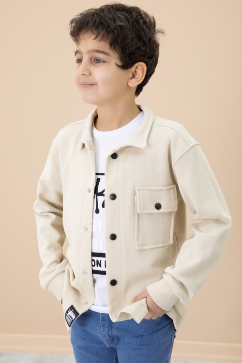 Krem Yazı Baskılı Tişörtlü Gömlekli Erkek Çocuk Takım 20007