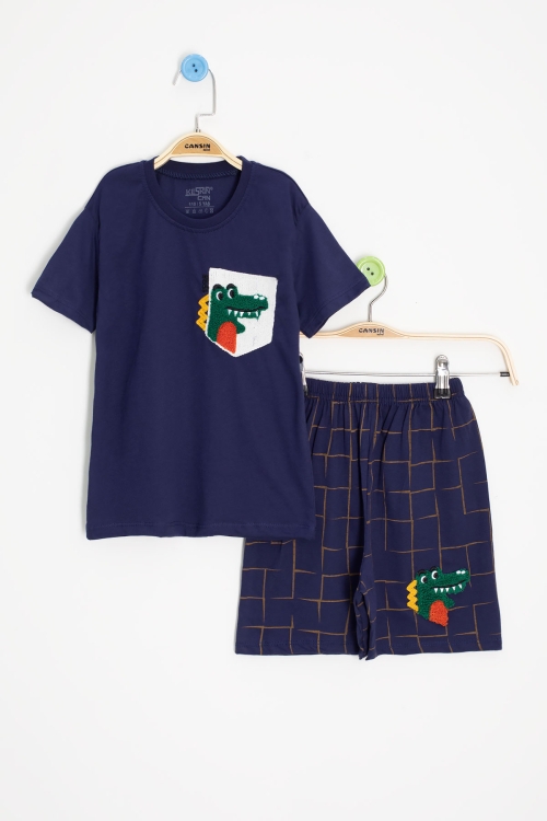Lacivert Dino Cep Nakışlı Kısa Kol Tişörtlü Erkek Çocuk Şortlu Takım 20573