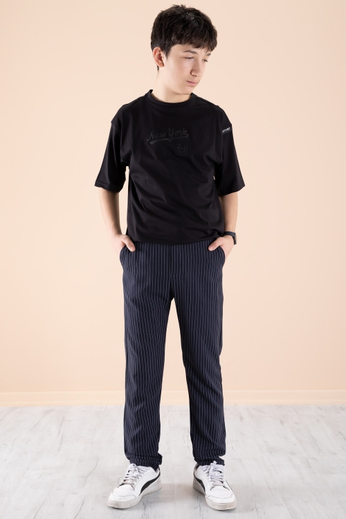 Lacivert Erkek Çocuk Çizgili Duble Paça Jogger Pantolon 20044