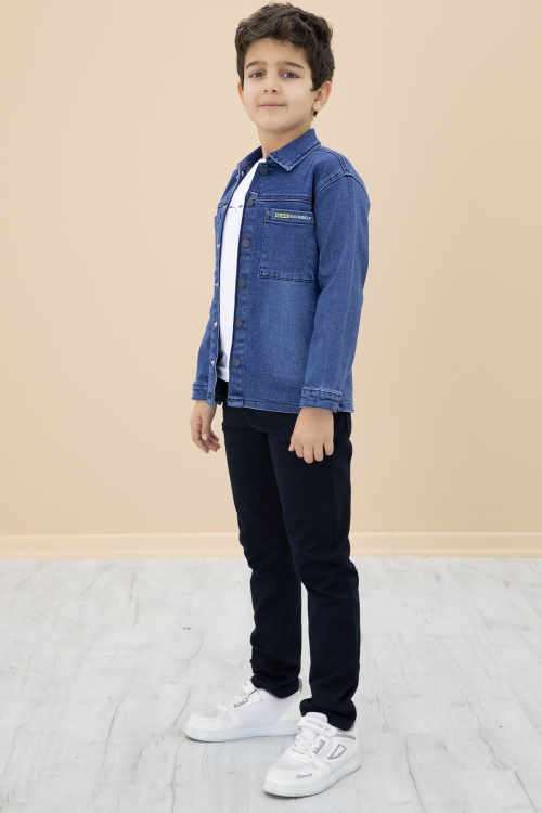 Lacivert Jean Gömlekli Yazı Baskılı Tişörtlü Erkek Çocuk Pantolonlu 3lü Takım