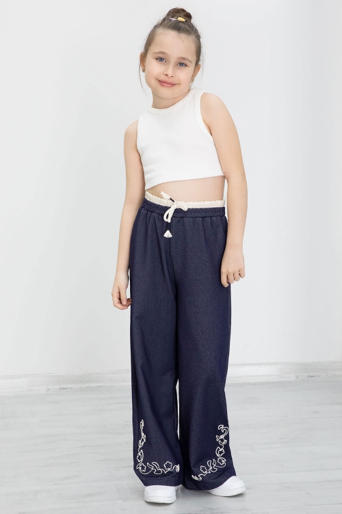 Lacivert Paçası Nakış Detaylı Kız Çocuk Geniş Paça Pantolon 20489