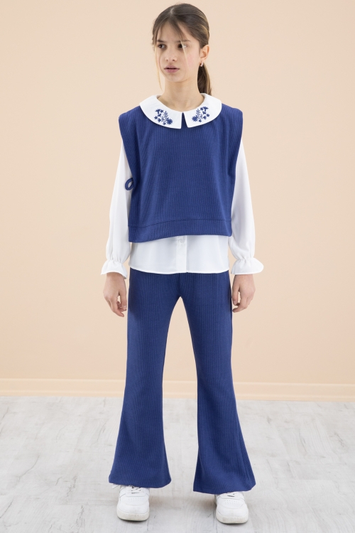 Lacivert Yakası Nakışlı Gömlekli Süveterli Kız Çocuk 3lü Takım 20269