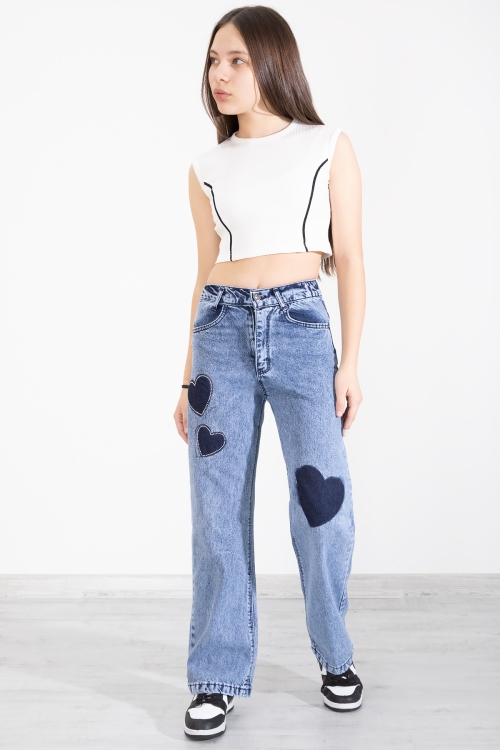 Mavi Beli Lastikli Geniş Paça Kalp Desenli Kız Çocuk Jean Pantolon 20406