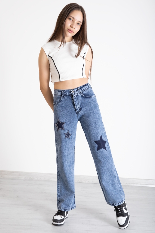 Mavi Beli Lastikli Geniş Paça Kız Çocuk Payetli Jean Pantolon 20320