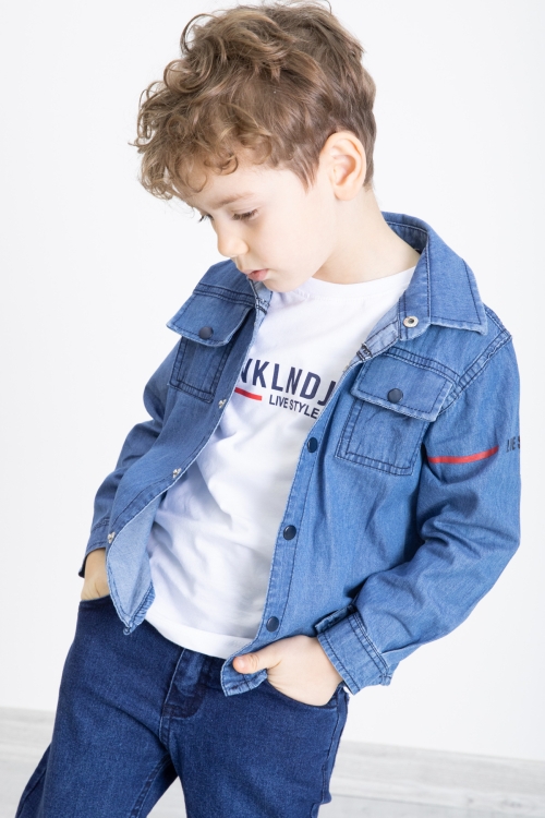 Mavi Bisiklet Yaka Tişörtlü Sırtı Baskılı Erkek Çocuk Jean Gömlek 20094