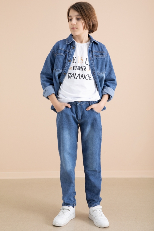 Mavi Düğmeli Jean Gömlekli Pantolonlu 3lü Erkek Çocuk Takım 19998