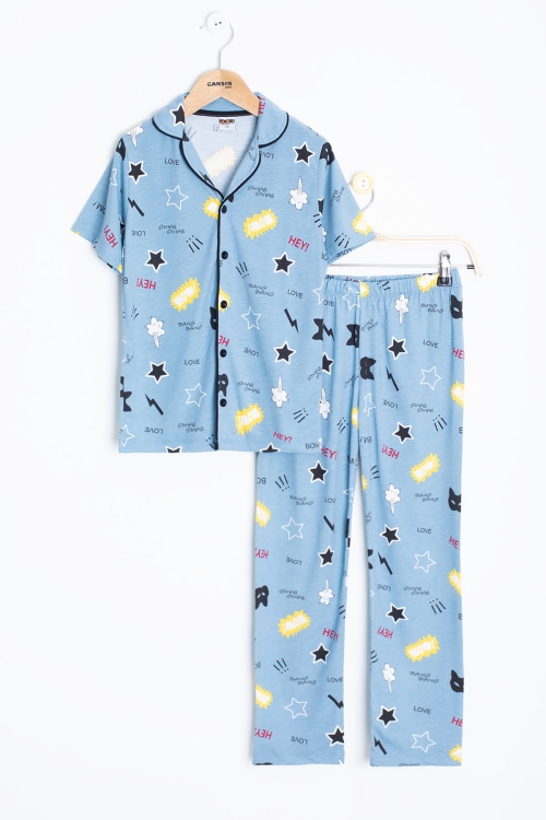 Mavi Karikatür Desenli Kısa Kollu Erkek Çocuk Pijama Takımı 20570
