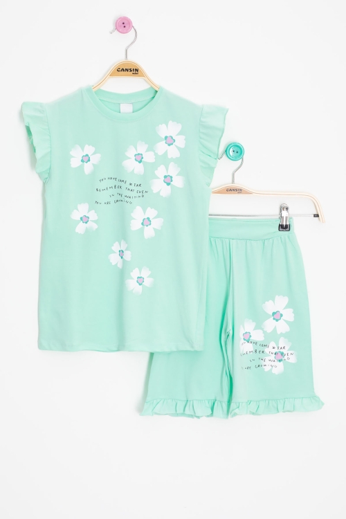 Mint Çiçek Desenli Fırfır Detaylı Kız Çocuk Şortlu Takım 20601