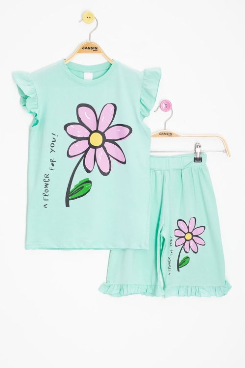 Mint Papatya Baskılı Fırfır Detaylı Kız Çocuk Şortlu 2li Takım 20605