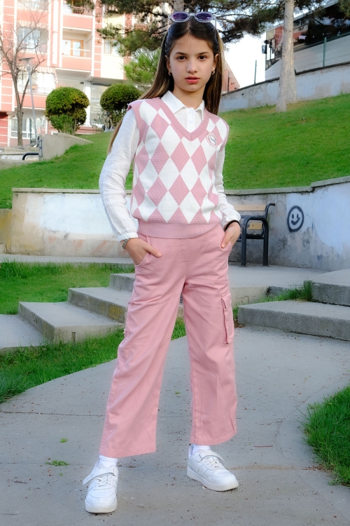 Pembe Baklava Desenli Süveterli Gömlekli Kız Çocuk 3lü Takım 20534