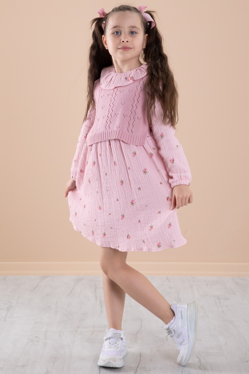 Pembe Çiçek Desenli Süveterli Kız Çocuk Elbise 20225